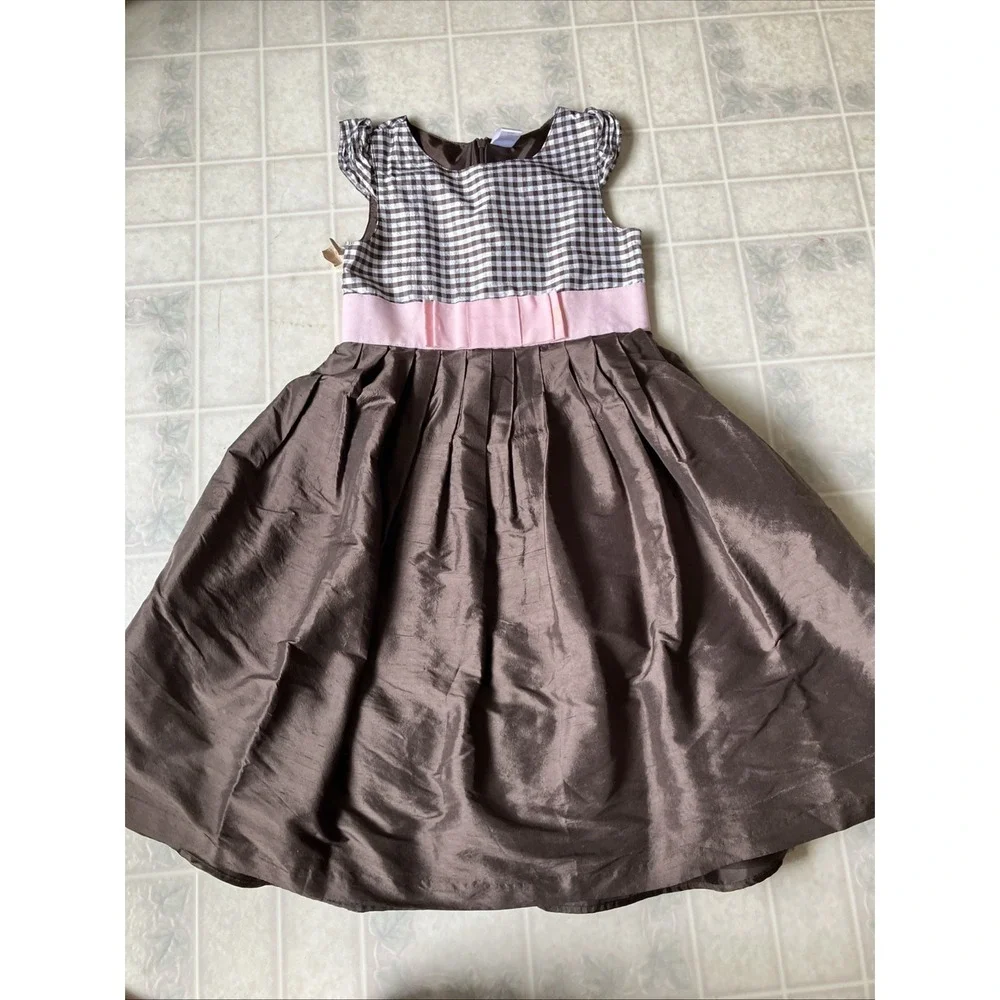 Gymboree Celebrate Spring brown gingham pleated silk dress girl size 10 Modest